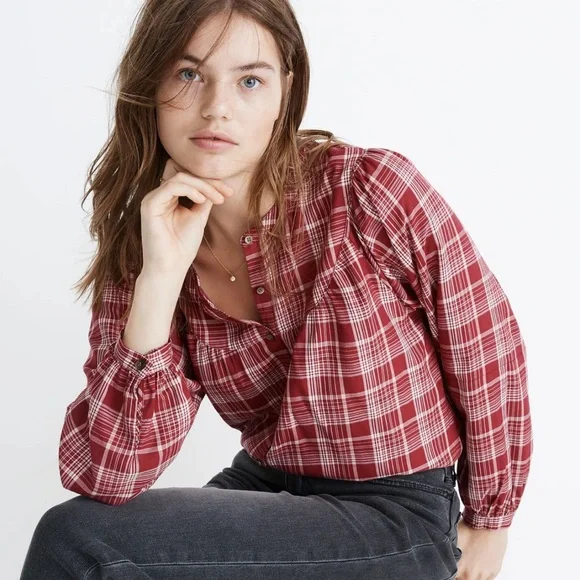 Madewell Balloon-Sleeve Peasant Top in Plaid - Picture 1 of 4